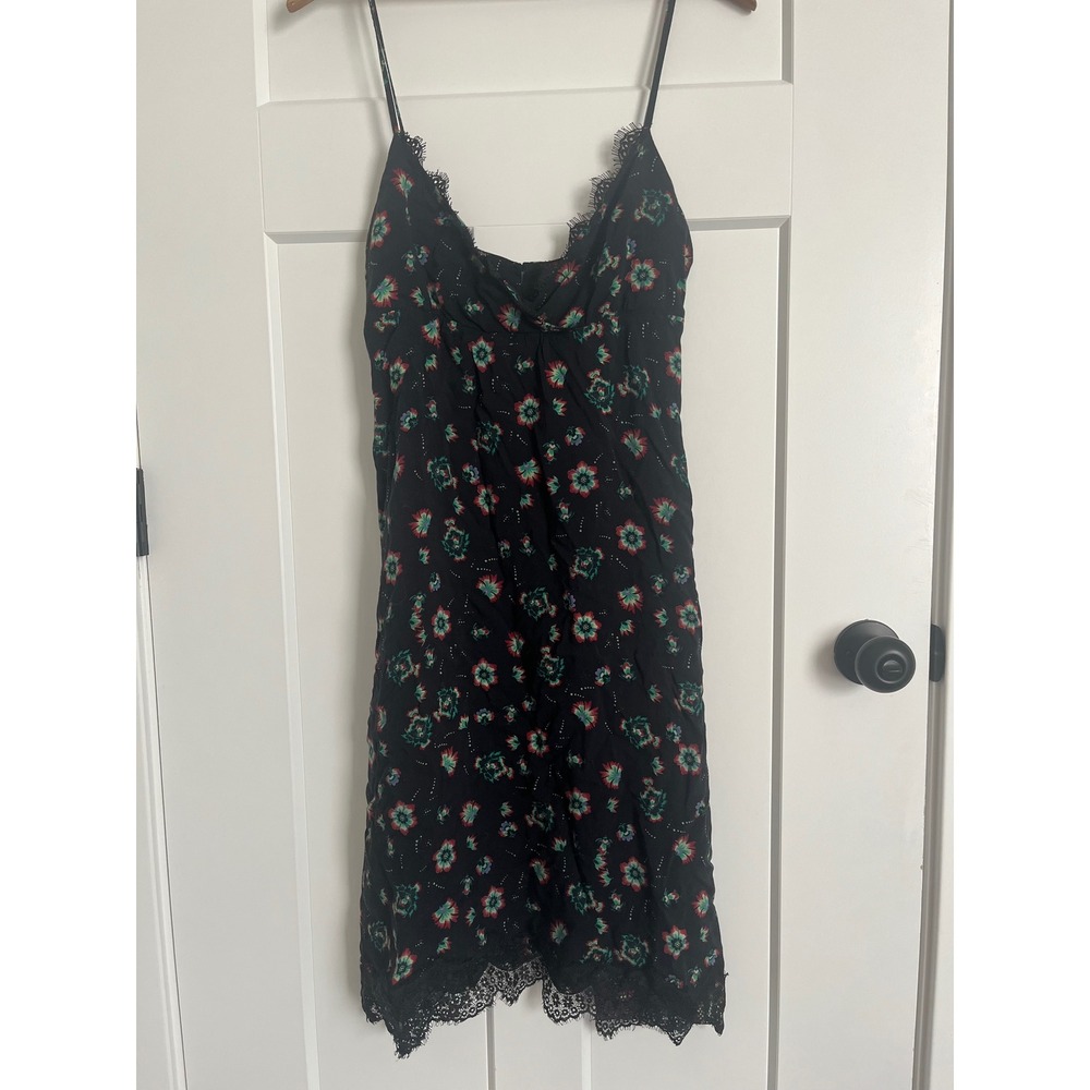Zara Woman Black Floral Lace Trim Slip Mini Dress Small Sleeveless Strappy Boho
